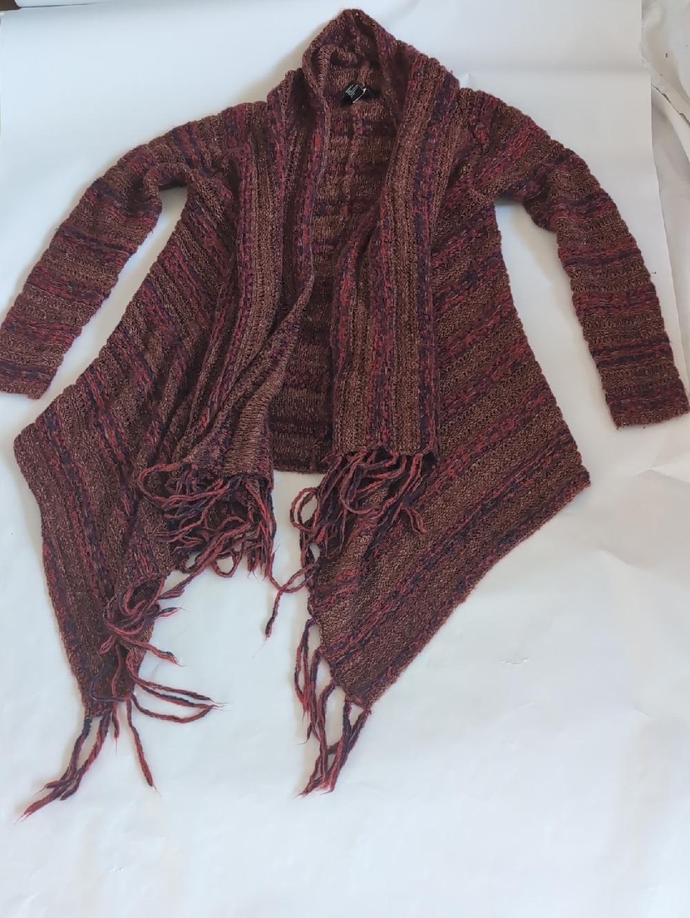 Forever 21 Burgundy Multicolor Open Front Fringe Cardigan - S